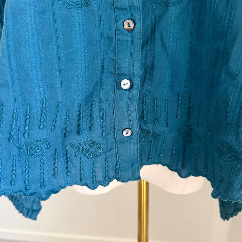 Sundance Blue Embroidered Cotton Boho Blouse Lace Ruffle Large Cottagecore - Picture 4 of 10